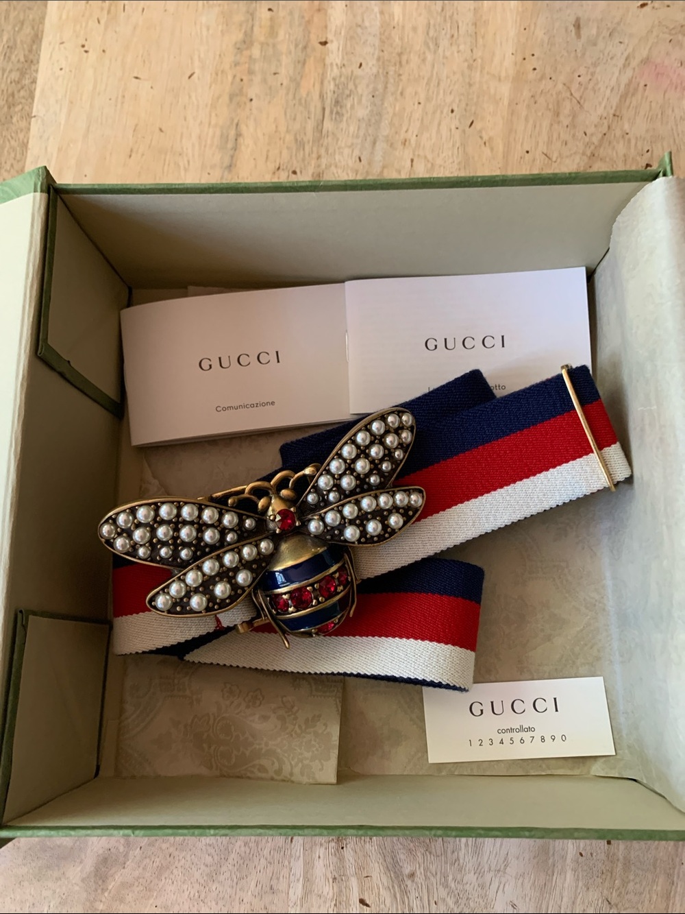 GUCCI Sylvie Margaret Queen in Red White Blue Web Buckle Belt - Size 75